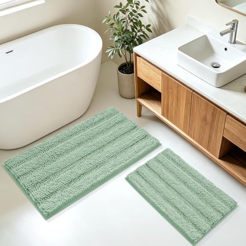 Christmas Striped Sage Green Bathroom Rug Mat Set 2 piece 32"x20"+24"x17" Ultra Soft, Non Slip Chenille Bath Rugs, Absorbent Plush Shaggy Bath Mats for Bathroom, Bedroom, Kitchen, Shower, Tub