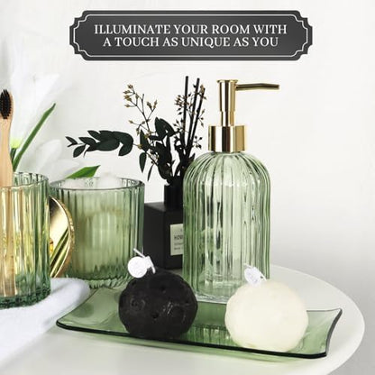Designer Green Glass Bathroom Accessories Sets - 4 Pcs with Lotion Soap Dispenser, Bathroom Toothbrush Holder, Vanity Tray, and Apothecary Jar, Vintage Bathroom Decor