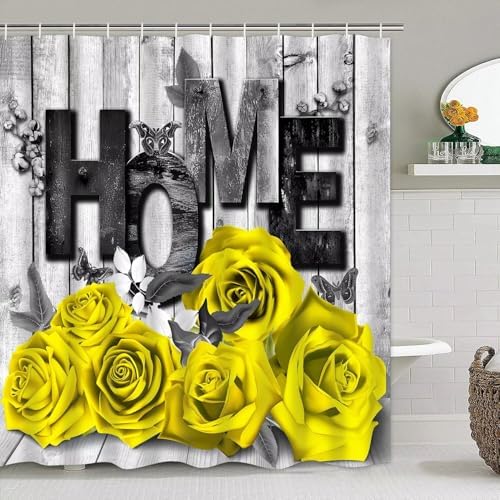 Yddsky 4 Pcs Yellow Rose Shower Curtain Set with Rugs Bathroom Set