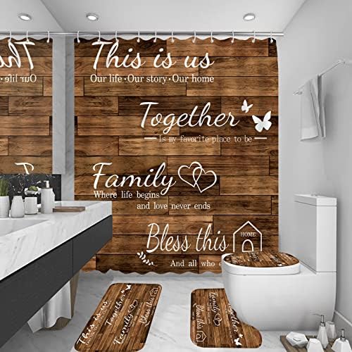 4Pcs Family Shower Curtain Sets with Non-Slip Rugs