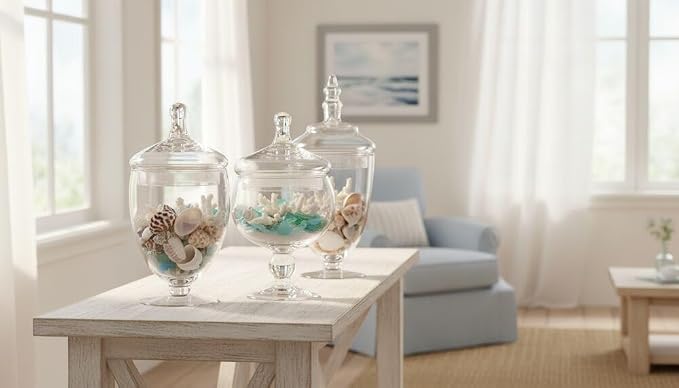 Elements Clear Glass Apothecary Jar Set of 3 with Lids - Decorative Glass Jars for Bathroom, Kitchen, Pantry Storage - Handcrafted, Graduated Heights 10, 9.5, 8.5 In