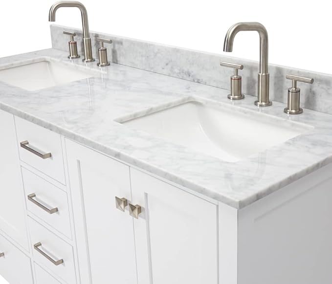 ARIEL Cambridge 60-inch Bathroom Vanity with Sink,Solid Wood, 0.75-inch Italian Carrara Marble Countertop, Double Rectangular Porcelain Sink, 4 Soft Closing Doors, 6 Dovetail Drawers, White