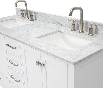 ARIEL Cambridge 60-inch Bathroom Vanity with Sink,Solid Wood, 0.75-inch Italian Carrara Marble Countertop, Double Rectangular Porcelain Sink, 4 Soft Closing Doors, 6 Dovetail Drawers, White