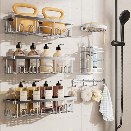 Veken Shower Caddy 6-Pack, Advanced Rustproof Design, No Drilling Adhesive Shelves, Rack with Soap Holder, Large Capacity Bathroom Organizers and Storage, Wall-Mounted Kitchen & Home Decor, Silver