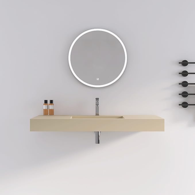 47"X19" Bathroom Sink with Single Faucet Hole, Stone Resin Wall-Mount or Countertop Vessel Sink, Rectangle Solid Surface Floating Sink with Mounting Screws, Latte Color