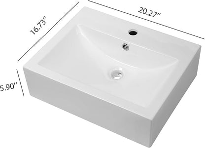 Wall Mount Vessel Sink - 21" x 16" Rectangle Wall Mounted Bathroom Sink White Wall Hung Porcelain Sink With Overflow Ceramic Basin Floating Lavatory Sink