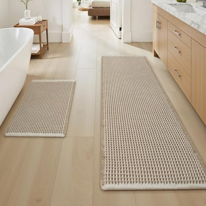 Upgraded Waffle Bath Mat Set of 2 Absorbent Bathroom Mat 17"x24" + 17"x48"