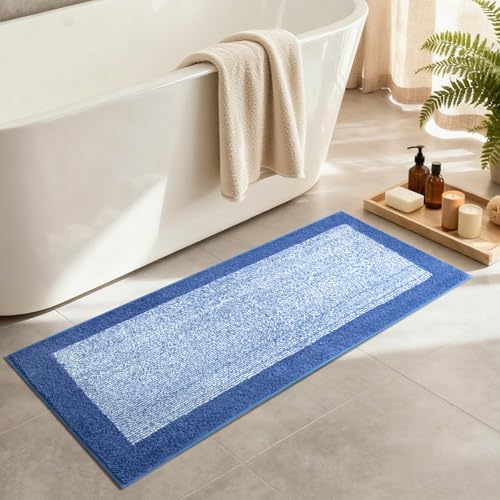 48x17 Long Bathroom Rugs Non Slip Washable, Soft Absorbent Bath Mat Blue