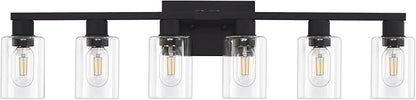 Black Bathroom Light Fixtures, 6-Light Bathroom Lighting Fixtures Over Mirror with Clear Glass Shade, Matte Black Vanity Lights, 6 Light Count Large Vanity Light Fixture for Bath, Mirror,Wall Sconce