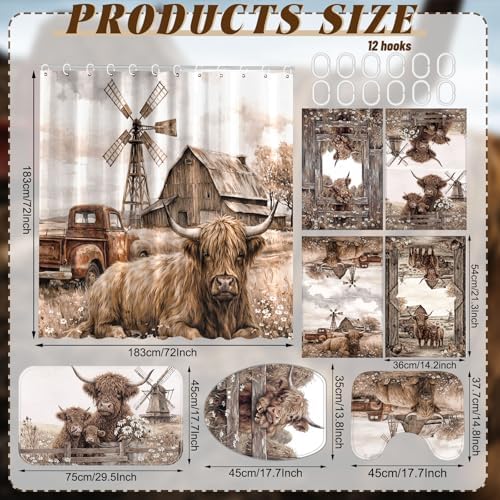 FuWeave 8 Pcs Highland Cow Shower Curtain Sets for Bathroom Farm Daisy Cattle Shower Curtain Sets Rustic Farmhouse Bathroom Accessories with Towels Carpet Bath Mat Toilet Rugs and 12 Hooks