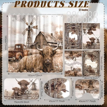 FuWeave 8 Pcs Highland Cow Shower Curtain Sets for Bathroom Farm Daisy Cattle Shower Curtain Sets Rustic Farmhouse Bathroom Accessories with Towels Carpet Bath Mat Toilet Rugs and 12 Hooks