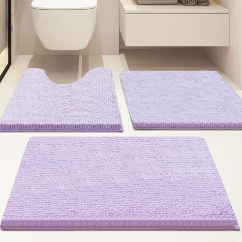 Bathroom Rugs Sets 3 Piece Non Slip,Bath Rugs with PVC Backing Bath Carpet,Bathroom Rug Washable,Absorbent,Plush Carpet Mats,Bath Mats for Bedroom, Kitchen,Tub,Home Decor (Lavender)