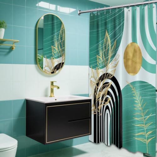 Teal and Gold Extra Long Shower Curtain, Tall 72X96 in, Mid Century