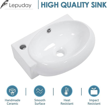 Wall Mount Hung Bathroom Sink 16"x11" Round Modern Vessel Sinks | Bathroom Corner Floating Sink White Porcelain Ceramic Wall Hung Bathroom Vessel Sink for Rvs, Restroom, Toilet