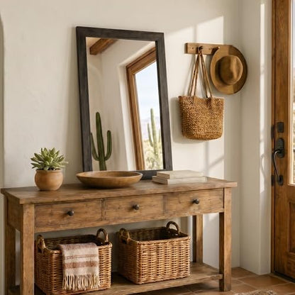 Black 24x36 Inch Wood-Grain Rectangular Wall Mirror