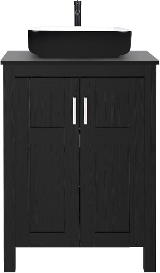 YOURLITE 24" Bathroom Vanity with Sink, Black Bathroom Vanity Cabinet, Faucet & Pop Up Drain Set,Traditional Vanity with with White & Black Ceramic Sink