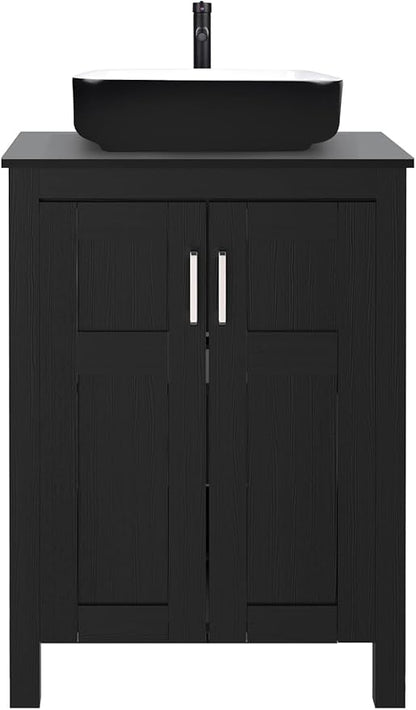 YOURLITE 24" Bathroom Vanity with Sink, Black Bathroom Vanity Cabinet, Faucet & Pop Up Drain Set,Traditional Vanity with with White & Black Ceramic Sink