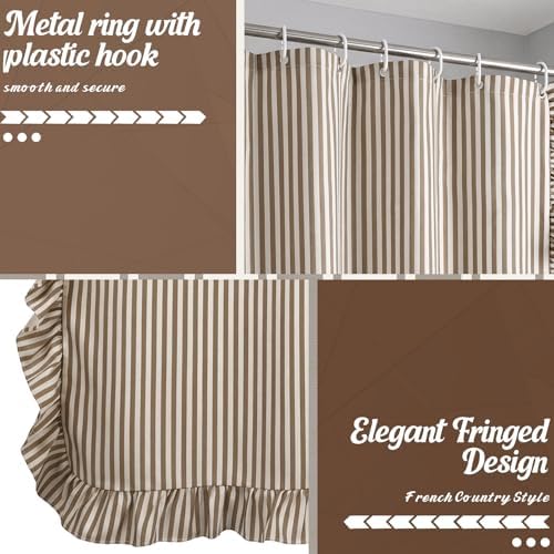 HunnmingRe Farmhouse Ruffled Striped Shower Curtain 72 x 72 Inch Brown Faux Linen Vintage Rustic Boho Stripe Shower Curtain with 12 Hooks for Bathroom Bathtubs Natural Decor