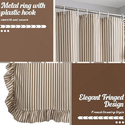 HunnmingRe Farmhouse Ruffled Striped Shower Curtain 72 x 72 Inch Brown Faux Linen Vintage Rustic Boho Stripe Shower Curtain with 12 Hooks for Bathroom Bathtubs Natural Decor