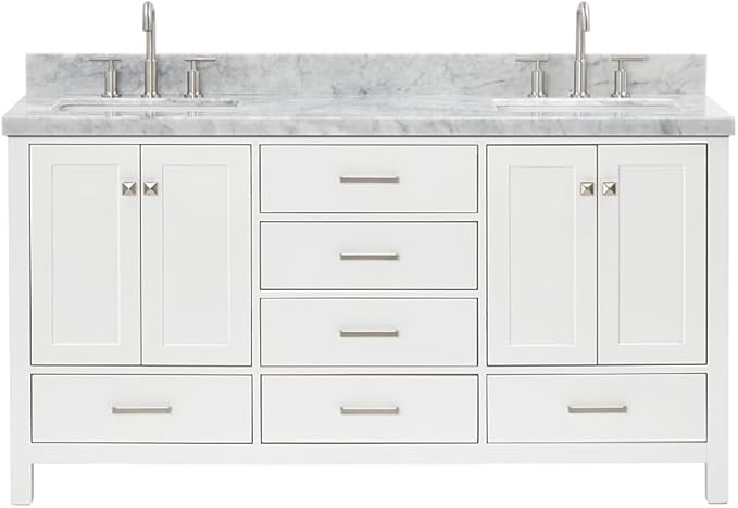 ARIEL Cambridge 66-inch Bathroom Vanity with Sink,Solid Wood, 1.5-inch Italian Carrara Marble Countertop, Double Rectangular Porcelain Sink, 4 Soft Closing Doors, 6 Dovetail Drawers, White