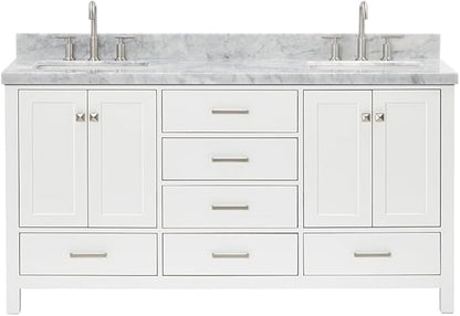 ARIEL Cambridge 66-inch Bathroom Vanity with Sink,Solid Wood, 1.5-inch Italian Carrara Marble Countertop, Double Rectangular Porcelain Sink, 4 Soft Closing Doors, 6 Dovetail Drawers, White