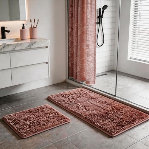 Chenille Bathroom Rugs Set 2 Piece Bath Mats for Bathroom Non-Slip Luxury Batroom Runner Rug Extra Soft and Absorbent Shaggy Rugs Washable Dry Plush
