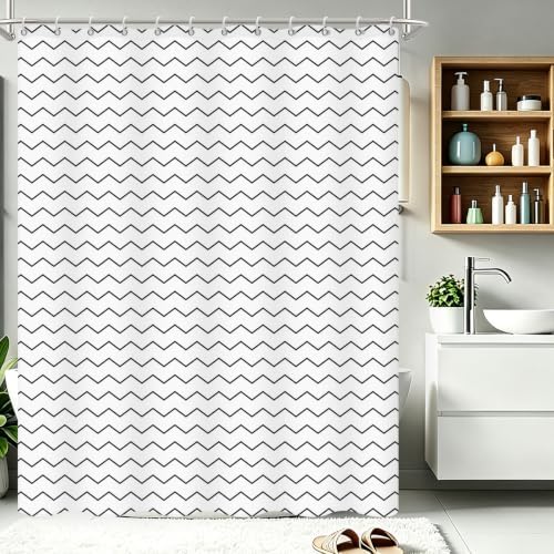 Modern Black and White Wavy Striped Shower Curtain, 72" W x 72" L