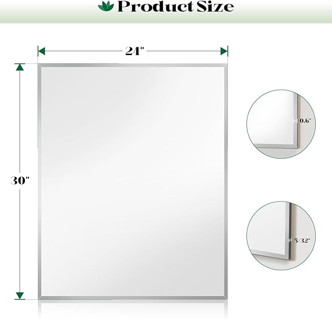 Frameless Beveled Bathroom Wall Mirror, 24"x30" Rectangle Bathroom Wall Mirror with Tempered Glass for Over Sink, Bedroom, Living Room, Vanity, Hangs Horizontally or Vertically