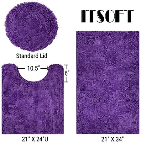 ITSOFT 3pc Non-Slip Shaggy Chenille Bathroom Mat Set, Includes 24"" x21 U-Shaped Contour Toilet Rug, 34"" x21 Bathmat and 1 Toilet Lid Cover, Lilac