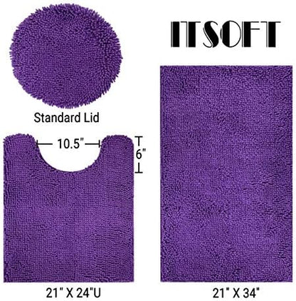 ITSOFT 3pc Non-Slip Shaggy Chenille Bathroom Mat Set, Includes 24"" x21 U-Shaped Contour Toilet Rug, 34"" x21 Bathmat and 1 Toilet Lid Cover, Lilac
