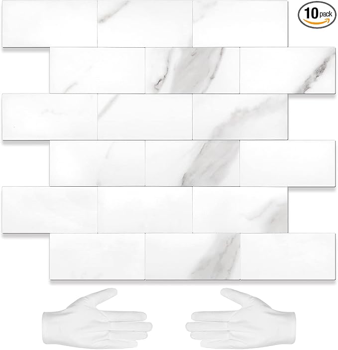 STICKGOO 10-Sheet Subway Tile Peel and Stick Backsplash, Calacatta | Marble Look Kitchen Backsplash Wall Tiles, Peel and Stick Wall Panels for Bathroom, Fireplace, RV