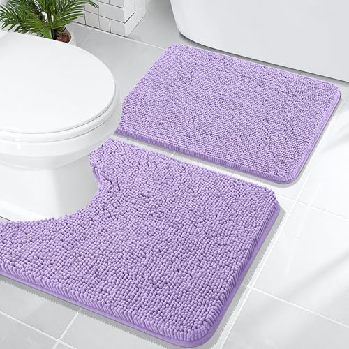 OLANLY Chenille Bathroom Rugs Mats Sets 2 Piece, 24"x16"+24"x20", Lavender