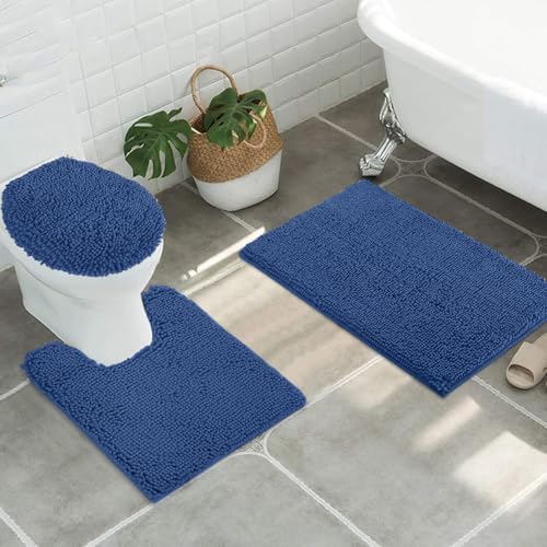 Standard 3pc Set Chenille Bath Mats, Includes 21"x24" U-Shaped Contour Toilet Rug, 21"x34" Inches Bathmat and 1 Toilet Lid Cover, Plush Absorbent Bath Mats Quick Dry, Dark Blue