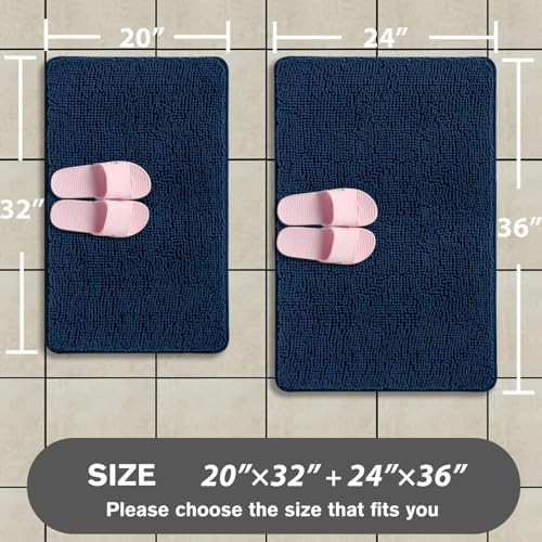 Navy Blue Bathroom Rugs Sets 2 Piece – Absorbent and Washable Bath Mat, Non-Slip, Thick Soft Chenille Bath Rugs for Bathroom Floor, Shower, Sink - 20" x 32"+24" x 36"