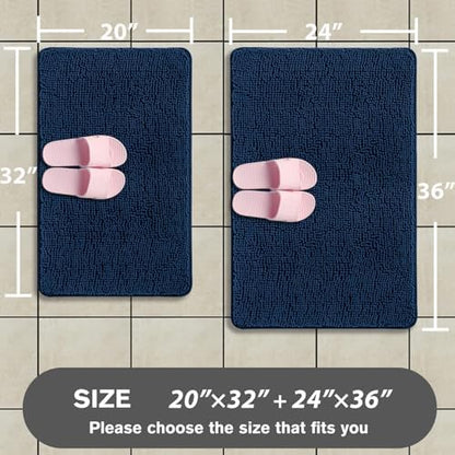 Navy Blue Bathroom Rugs Sets 2 Piece – Absorbent and Washable Bath Mat, Non-Slip, Thick Soft Chenille Bath Rugs for Bathroom Floor, Shower, Sink - 20" x 32"+24" x 36"