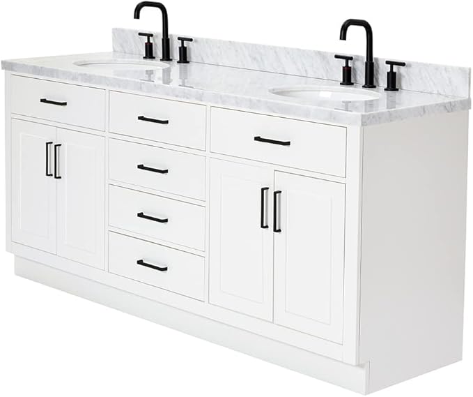 ARIEL Hepburn 72-inch Bathroom Vanity with Sink,Solid Wood, 1.5-inch Italian Carrara Marble Countertop & Backsplash, Double Oval Porcelain Sink, 4 Soft Closing Doors, 6 Dovetail Drawers, White
