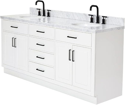 ARIEL Hepburn 72-inch Bathroom Vanity with Sink,Solid Wood, 1.5-inch Italian Carrara Marble Countertop & Backsplash, Double Oval Porcelain Sink, 4 Soft Closing Doors, 6 Dovetail Drawers, White