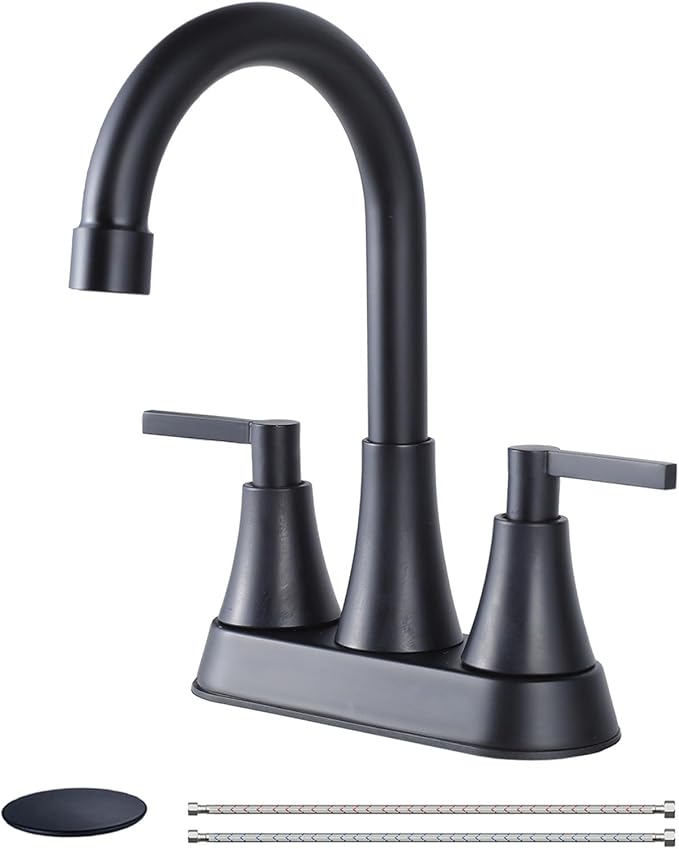 VCCUCINE Bathroom Faucets for Sink 3 Hole, Hurran 4 inch Matte Black with Pop-up Drain and 2 Supply Hoses, Stainless Steel 2-Handle Centerset Faucet for Sink Vanity,VC-MC-010B