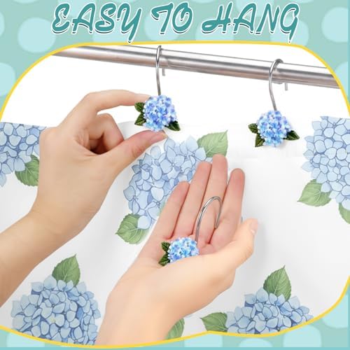 Amyhill 12 Pcs Hydrangea Decorative Shower Curtain Hooks Blue Flower Shower Curtain Rings Hanger Stainless Steel Resin Spring Floral Themed Hooks for Home Bathroom Decor