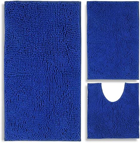 Bathroom Rugs Chenille 3-Piece Extra Soft and Absorbent Shag Bathroom Rugs, Machine Wash Mat, Strong PVC Non-Slip Underside, Plush Carpet Mats (Royal Blue)