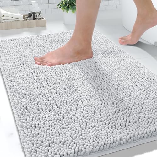 Yimobra Washable Bathroom Rugs, Super Soft & Absorbent Chenille Bath Mat for Floor & Carpet, Quick Dry Non Slip Bath Mat for Tub Shower, 24" x 17",Silver