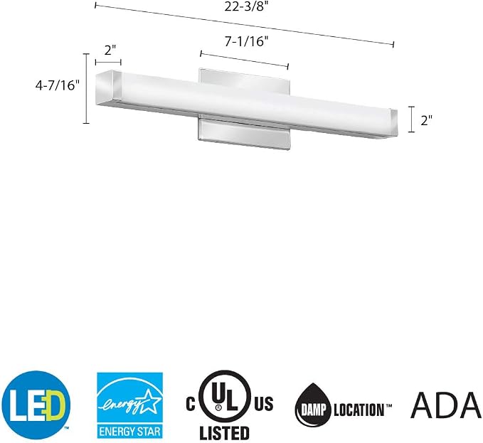 Lithonia Lighting 24-Inch LED Vanity Light with 3-in-1 Switchable White Color Temperature, Contemporary Square Bathroom Vanity Wall Light Fixture for Over The Mirror, Polished Chrome