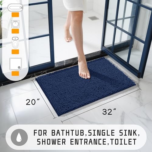 Yimobra Washable Bathroom Rugs, Super Soft & Absorbent Chenille Bath Mat for Floor & Carpet, Quick Dry Non Slip Bath Mat for Tub Shower, 32"x20",Navy Blue