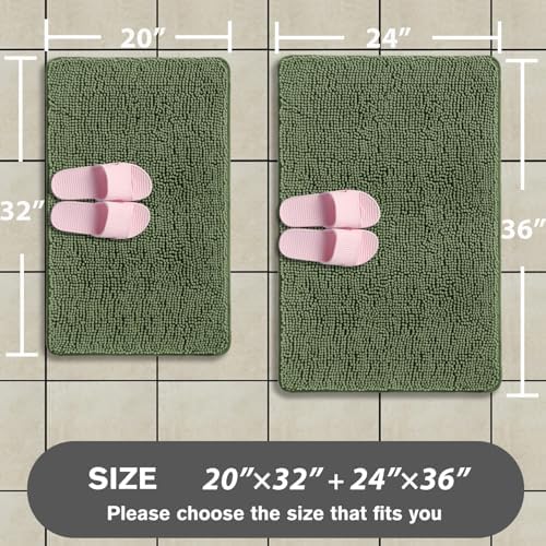 Loden Green Bathroom Rugs Sets 2 Piece – Absorbent and Washable Bath Mat, Non-Slip, Thick Soft Chenille Bath Rugs for Bathroom Floor, Shower, Sink - 20" x 32"+24" x 36"