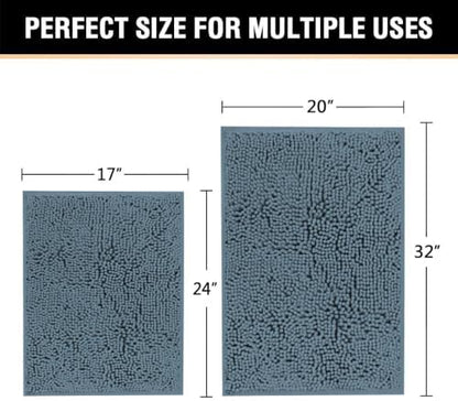 H.VERSAILTEX Bath Rugs for Bathroom Slip-Resistant Shag Chenille Bath Mat Extra Soft and Absorbent Bath Rug for Shower Room Machine-Washable Fast Dry (Stone Blue, 20" x 32"/17" x 24")