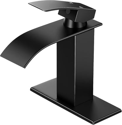 Matte Black Bathroom Faucets, Waterfall Bathroom Sink Faucet Modern Single Handle Bathroom Faucte 1 or 3 Hole, RV Mixer Tap Vanity Faucet - Includes Supply Hoses Deck Plate