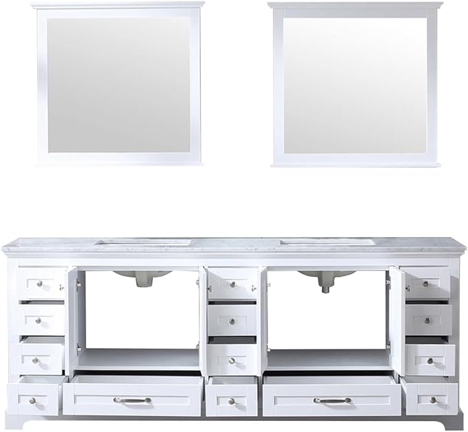 Dukes 84 in. W x 22 in. D White Double Bath Vanity, Carrara Marble Top, and 34 in. Mirrors LD342284DADSM34