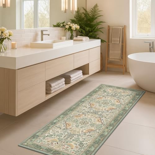 Sage Floral Kitchen Runners - 2x5 Runner Rug for Hallway Bathroom Laundry Room Bedroom Beside Bed Entryway, Boho Birds Leaves Patterned Non Slip Low Pile Washable Rugs