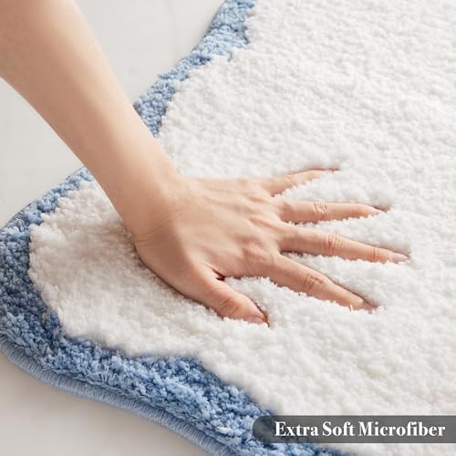Ohocut Luxury Microfiber Scalloped Runner Rug, White Bath Rug with Blue Scalloped Piping Cute Aesthetic Bath Mat for Bathroom, Tub, Floor Carpet, Sink, Shower, Anti Slip, Extra Soft, Absorbent, 47x24
