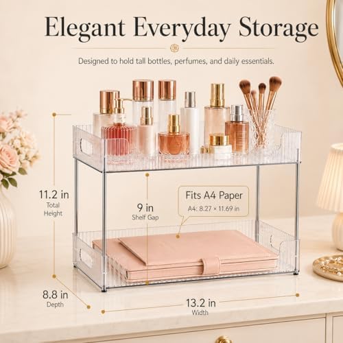Goderewild 2-Tier Bathroom Counter Organizer, Multi-Purpose Cosmetics Skincare Shelf, Fits A4 Size Makeup Organizer for Office and Vanity Tray, Countertop Storage Solution for Kitchen,Bath.(Clear)